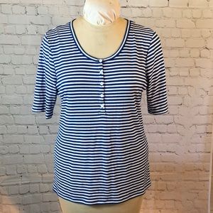 J Crew Short Sleeve Top Blue White Striped 5 Button Pullover Shirt XL